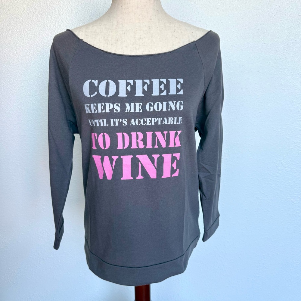 Women’s Gray Off-Shoulder Wine & Coffee Sweatshirt SZ Medium 3/4 Length Sleeves